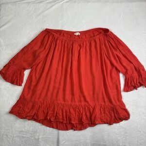 Beach Lunch‎ Lounge Blouse Red Orange Boho Off Shoulder Ruffle Top Women's XL